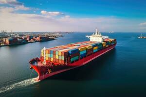 ai gegenereerd houder lading vracht schip met werken kraan brug voor logistiek importeren exporteren achtergrond, antenne visie van een houder schip of lading Verzending bedrijf logistiek importeren en, ai gegenereerd foto