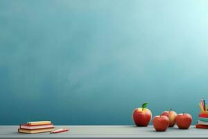 ai gegenereerd terug naar school- concept met appel en boeken Aan tafel over- blauw achtergrond, terug naar school- onderwijs banier achtergrond, ai gegenereerd foto