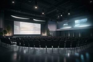 ai gegenereerd conferentie hal interieur met leeg stoelen en projector scherm 3d weergave, een modern opleiding hal met stoelen geconfronteerd een reusachtig stadium met een groot scherm weergeven, ai gegenereerd foto