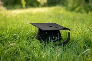 ai gegenereerd diploma uitreiking pet Aan groen gras. onderwijs concept. terug naar school, een diploma uitreiking hoed leugens Aan groen gras, ai gegenereerd foto