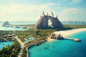 ai gegenereerd antenne visie van luxe hotel toevlucht in dubai, Verenigde Arabisch emiraten, Atlantis hotel in dubai, vae, visie met de strand en zee, ai gegenereerd foto