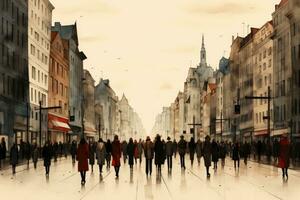 ai gegenereerd mensen wandelen in de straat in Praag, Tsjechisch republiek. dubbele blootstelling, een anoniem menigte van mensen wandelen Aan een stad straat, ai gegenereerd foto