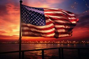 ai gegenereerd Amerikaans vlag Aan de achtergrond van een mooi zonsondergang over- de zee, achterzijde visie van een jong Afrikaanse Amerikaans vrouw ontspannende in de zwemmen zwembad Bij een tropisch toevlucht, ai gegenereerd foto