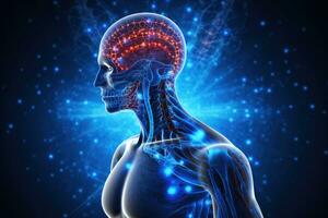 ai gegenereerd 3d illustratie van mannetje hersenen anatomie over- abstract blauw technologie achtergrond, anatomie van mannetje hersenen pijn met pijn in allemaal gewrichten in blauw, 3d hologram, ai gegenereerd foto