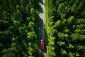 ai gegenereerd antenne visie van rood auto Aan de weg in de groen Woud, antenne visie van een rood auto met een dak rek Aan een groen zomer Woud land weg in Finland, ai gegenereerd foto