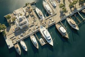 ai gegenereerd antenne visie van luxe jachten en boten afgemeerd in de jachthaven, antenne visie van de oud dorp, vakantie en avontuur, stad- en zee, ai gegenereerd foto