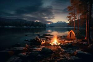 ai gegenereerd camping Aan de kust van een meer Bij nacht in de bergen, een kamp door de meer met een kampvuur in winter Bij schemering, ai gegenereerd foto