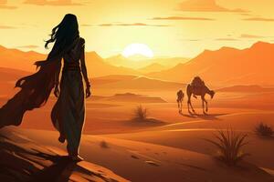 ai gegenereerd Egyptische vrouw met kamelen in de woestijn Bij zonsondergang, digitaal illustratie, Arabisch vrouw in de woestijn Bij zonsondergang reizen conceptie, ai gegenereerd foto