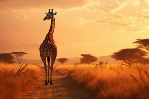 ai gegenereerd giraffe in savanne Bij zonsondergang, Namibië, Afrika, verbazingwekkend giraffe wandelen aan de overkant de Afrikaanse savanne, ai gegenereerd foto