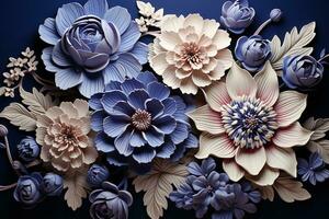 ai gegenereerd een verbijsterend digitaal illustratie van een boeket van kleurrijk bloemen in verschillend tinten van blauw, roze, en wit. de bloemen zijn ingewikkeld gedetailleerd en hebben een realistisch uiterlijk. foto
