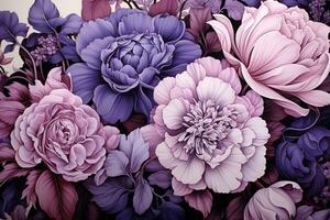 ai gegenereerd een mooi en gedetailleerd illustratie van Purper rozen en andere bloemen. de bloemen zijn in divers tinten van Purper foto