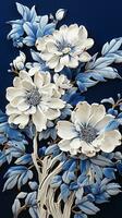 ai gegenereerd verbijsterend detailopname fotograaf van blauw en wit bloemen Aan een donker blauw achtergrond. de bloemen zijn geregeld in een manier dat creëert een zin van diepte en dimensie foto