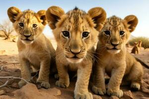 ai gegenereerd leeuw welpen in de Kalahari woestijn, Namibië, een groep van jong klein tiener- leeuwen merkwaardig op zoek Rechtdoor in de camera in de woestijn, ai gegenereerd foto