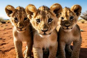 ai gegenereerd leeuw welpen in de Kalahari woestijn, Namibië, een groep van jong klein tiener- leeuwen merkwaardig op zoek Rechtdoor in de camera in de woestijn, ai gegenereerd foto
