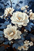 ai gegenereerd elegant en minimalistische behang met een single wit bloem met delicaat bloemblaadjes Aan een donker blauw achtergrond. de bloemen eenvoud en zuiverheid zijn prachtig gemarkeerd foto