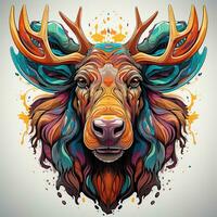 ai gegenereerd deze digitaal geschilderd eland hoofd is een feest voor de ogen, met haar levendig kleuren en ingewikkeld gewei. de elanden vacht is een mengen van blauw, groente, geel, en oranje, en haar gewei foto