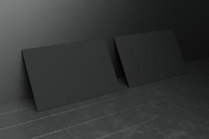 zwarte horizontale sjabloon voor visitekaartjespapier met lege ruimtedekking voor het invoegen van bedrijfslogo of persoonlijke identiteit op zwarte betonnen vloerachtergrond. modern begrip. 3d illustratie render foto