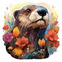 ai gegenereerd een digitaal schilderij van een Otter staand in een veld- van wilde bloemen. de Otter is op zoek direct Bij de kijker, haar ogen helder en nieuwsgierig. de wilde bloemen zijn in vol bloeien foto
