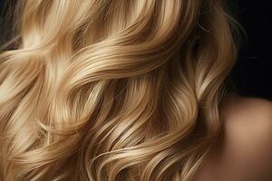 ai gegenereerd blond haar- detailopname. vrouwen lang blond haar. mooi styling van golvend glimmend krullen. haar- kleuren. kappers behandelingen foto