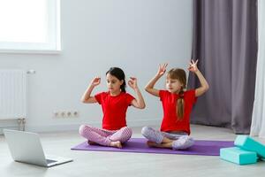 twee weinig meisjes beoefenen yoga, uitrekken, geschiktheid door video Aan notebook. ver weg online onderwijs opleiding, aëroob Bij huis. gezond levensstijl, coronavirus, blijven huis. kinderen sport huis quarantaine. foto