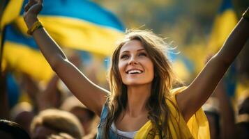 ai gegenereerd de schoonheid van een oekraïens vlag golvend over- een pittoreske stad foto