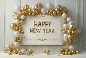 ai gegenereerd gelukkig nieuw jaar geschreven Aan de luxe bord met ballonnen. gelukkig nieuw jaar 2024. foto