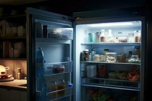 ai gegenereerd koelkast achtergrond modern Open nacht huiselijk koelkast leeg wit deur vers foto