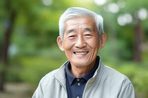 ai gegenereerd Mens gepensioneerd levensstijl gezicht volwassen ouderen oud park Aziatisch opa glimlach volwassen foto