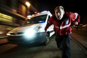 ai gegenereerd ambulance uniform vent mannen stad volwassen bescherming staand auto voertuig onderhoud noodgeval foto