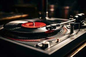 ai gegenereerd naald- retro uitrusting Speel dj schijf vermaak draaitafel technologie musical geluid foto