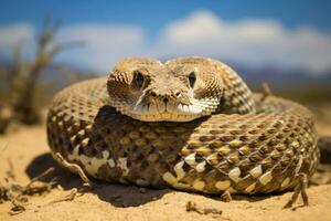 ai gegenereerd adder detailopname wild slang reptiel vergiftigen dieren venijn ratelslang achtergrond rammelaar foto