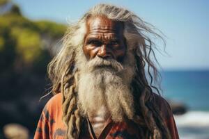 ai gegenereerd oud persoon Hindoe volwassen Aziatisch baard sadhu ogen menselijk portret Azië haar- traditie Indië foto