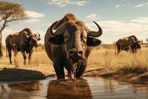 ai gegenereerd park Afrikaanse dieren in het wild dieren koe safari buffel gevaarlijk stier gras groot natuur groot foto