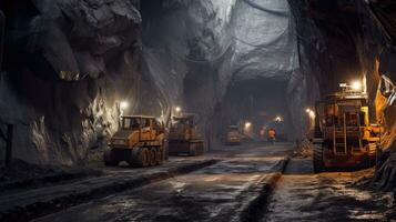 ai gegenereerd binnen industrieel grot bouw tunnel donker steen machinerie mijnbouw rots graven ijzer foto