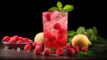 ai gegenereerd zomer sap Frisdrank zoet munt koel rood verkoudheid fruit drinken framboos achtergrond ijs vers foto