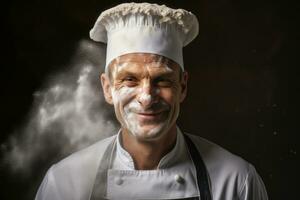 ai gegenereerd Mens keuken culinaire Kaukasisch beroep gelukkig restaurant chef mannetje koken jong voedsel foto