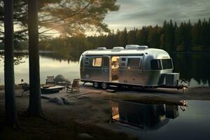 ai gegenereerd camping caravan reis camper mobiel vrije tijd reizen aanhangwagen kamp natuur huis vakantie foto
