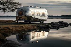 ai gegenereerd buitenshuis natuur aanhangwagen camper recreatie mobiel vakanties avontuur reis park foto