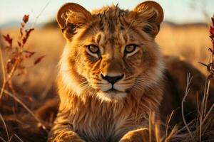 ai gegenereerd roofdier Afrika groot jager kat dier wild gevaarlijk zoogdier wildernis leeuw katachtig gezicht foto