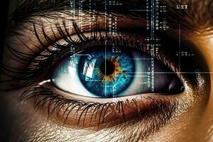 ai gegenereerd futuristische vrouw scannen oog iris identificatie vrouw concept biometrisch visie menselijk foto