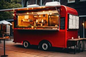 ai gegenereerd tussendoortje snel voedsel mobiel koffie stedelijk stad straat downtown toerist auto winkel voertuig foto