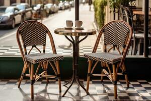 ai gegenereerd tafel niemand Frankrijk buitenkant Europa meubilair straat terras trottoir restaurant cafe foto