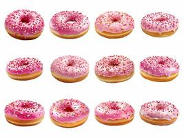 ai gegenereerd roze donut verzameling geïsoleerd Aan wit achtergrond. foto