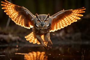 ai gegenereerd vogel jacht- prooi bek wild vlucht natuur roofdier dieren in het wild roofvogel uil vliegend Woud foto