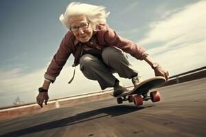 ai gegenereerd sport vrouw schattig persoon vrouw vrije tijd skateboard jeugd schaatser stijl jong bord actief foto