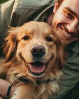 ai gegenereerd hond gouden dier glimlach natuur mooi buiten persoon hoektand retriever zittend jong foto