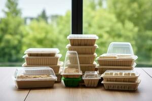 ai gegenereerd achtergrond houten recycling beschikbaar milieu lunch pakket keuken biologisch afbreekbaar foto