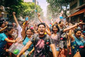 ai gegenereerd confetti vieren festival gelukkig levensstijl zomer groep reizen pret holi volwassen mensen foto