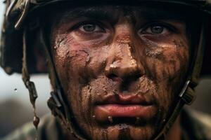 ai gegenereerd gezicht Mens krijger beschermen jong leger persoon uniform mannetje donker leger oorlog gevecht dapper foto