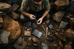 ai gegenereerd telefoon Mens menselijk water steen rots vuil grond concept werk hand- detailopname natuur foto